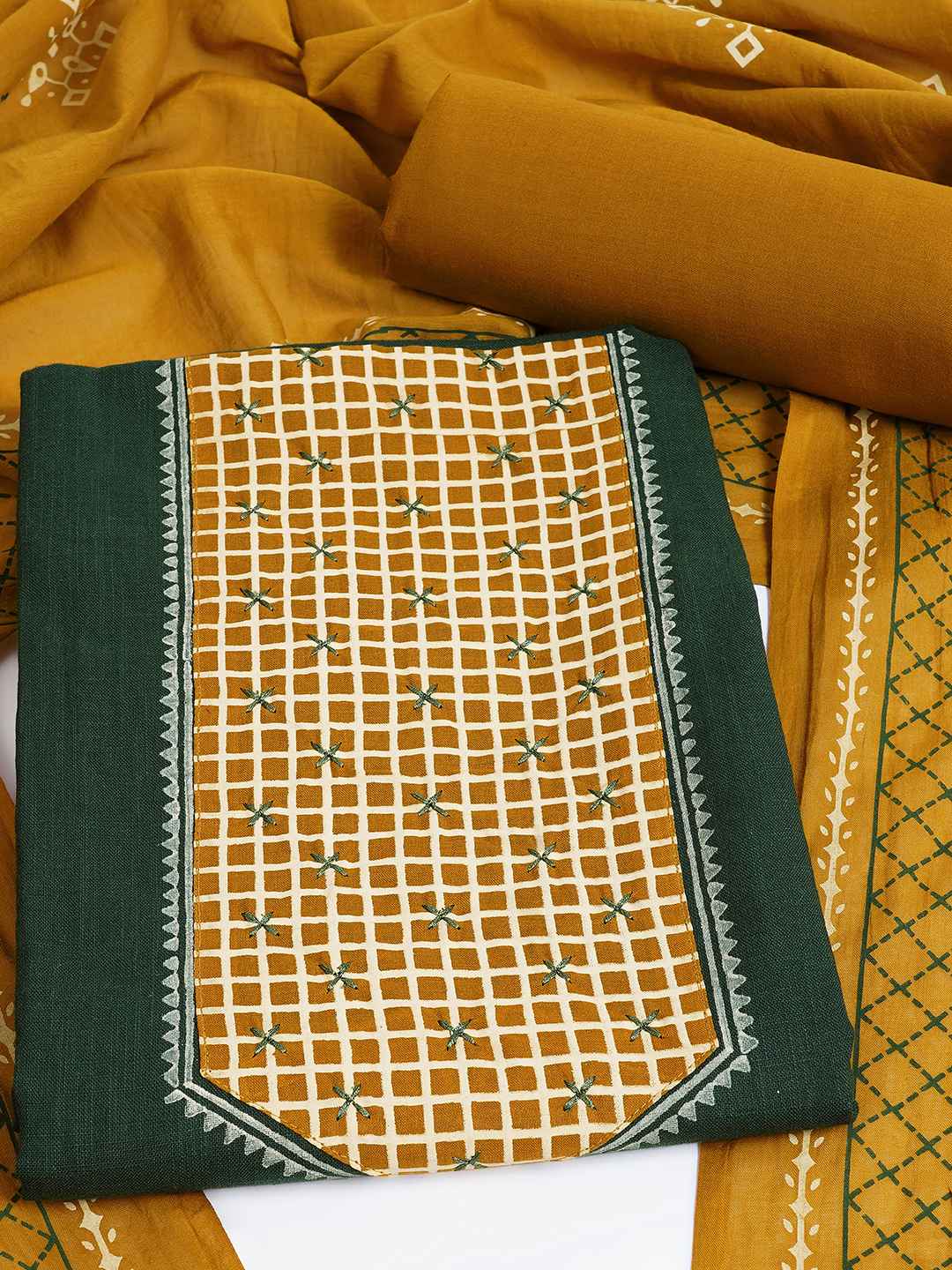 Handblock Printed Dress Material with a geometric patterned dupatta.(Green)
