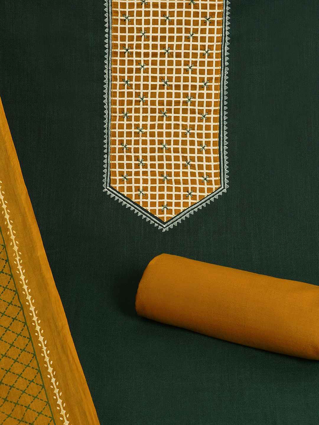 Handblock Printed Dress Material with a geometric patterned dupatta.(Green)