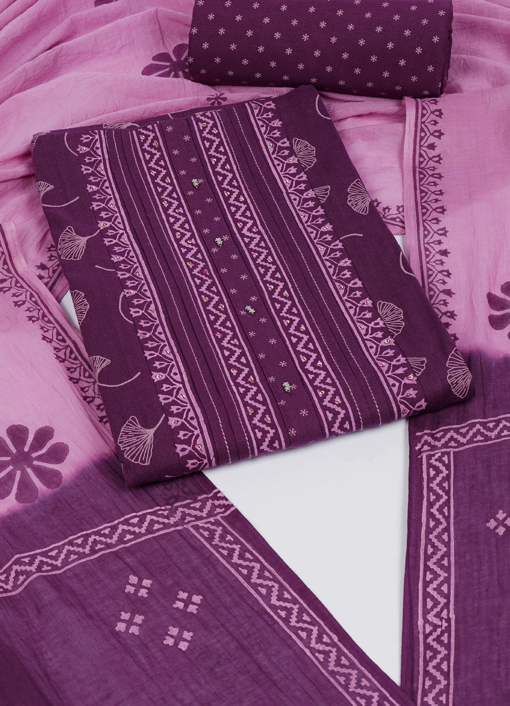Elegant Purple Printed Cotton Unstitched Dress Material Set with Matching Dupatta & Bottom.