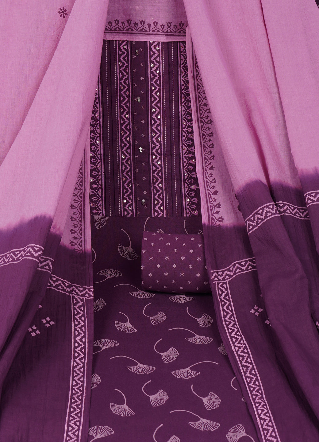 Elegant Purple Printed Cotton Unstitched Dress Material Set with Matching Dupatta & Bottom.