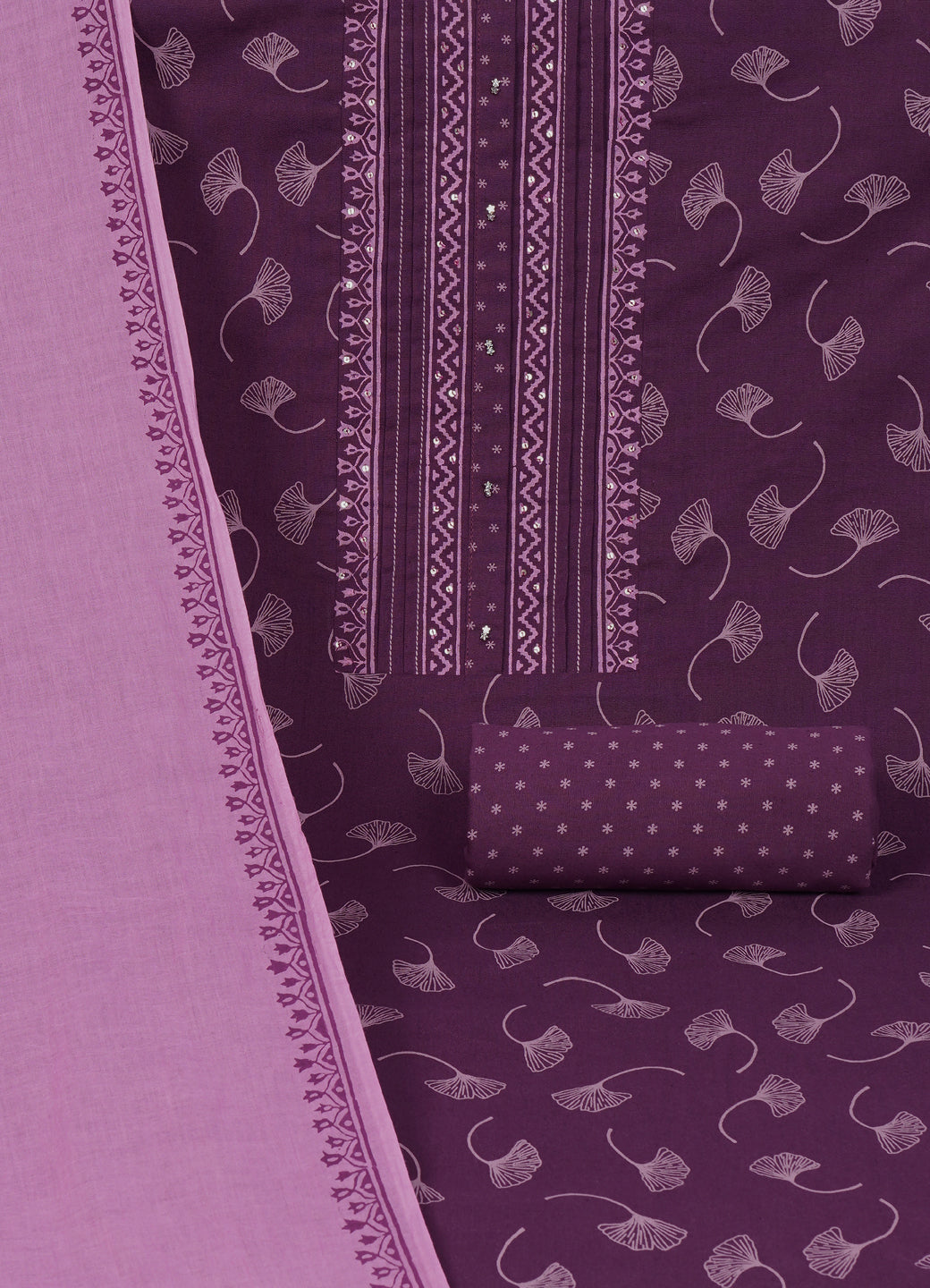 Elegant Purple Printed Cotton Unstitched Dress Material Set with Matching Dupatta & Bottom.