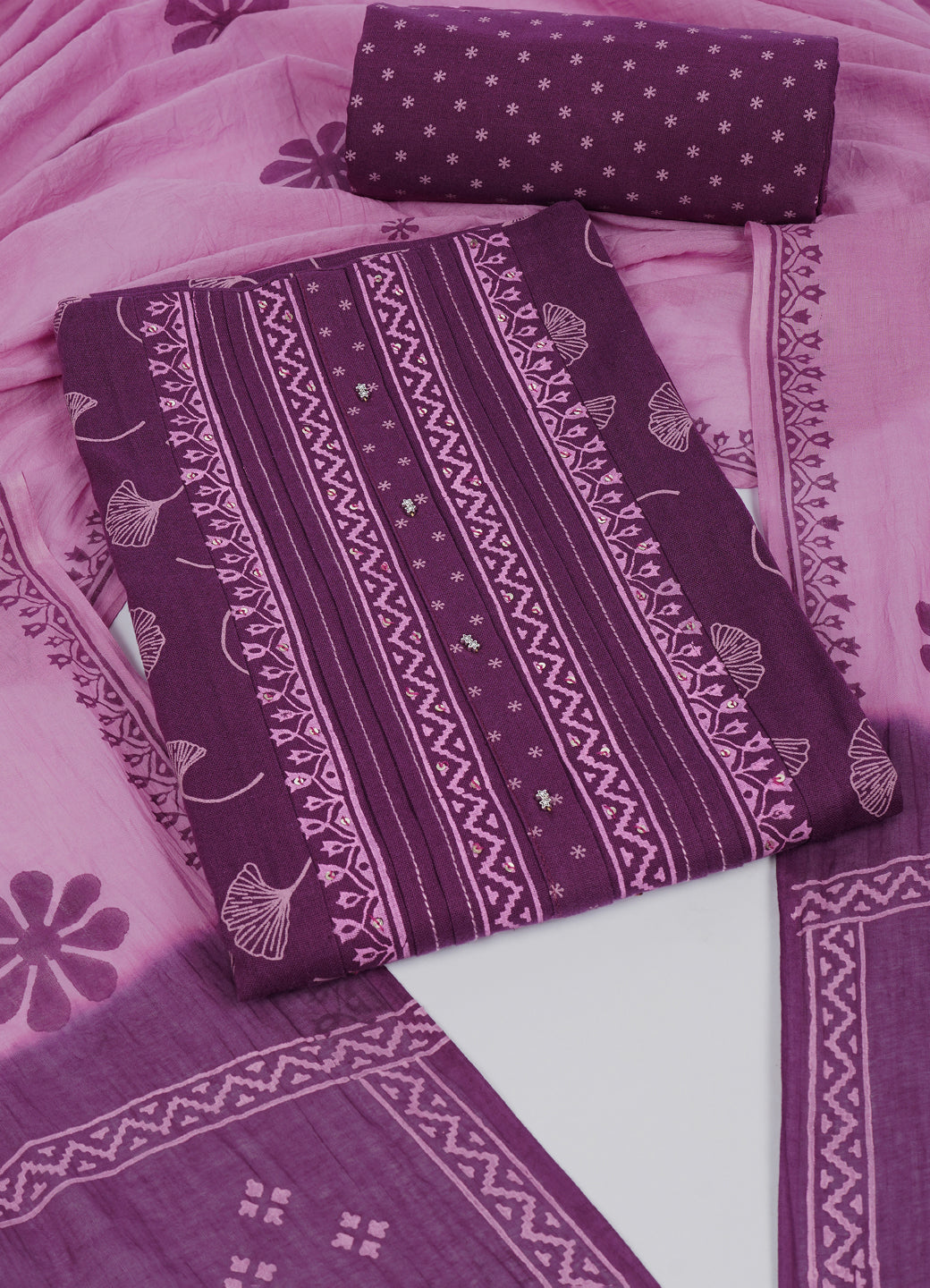 Elegant Purple Printed Cotton Unstitched Dress Material Set with Matching Dupatta & Bottom.