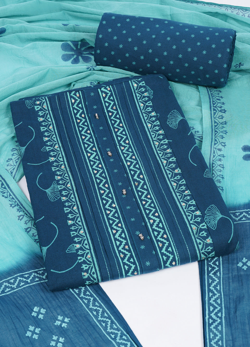 Elegant Blue Printed Cotton Unstitched Dress Material Set with Matching Dupatta & Bottom.