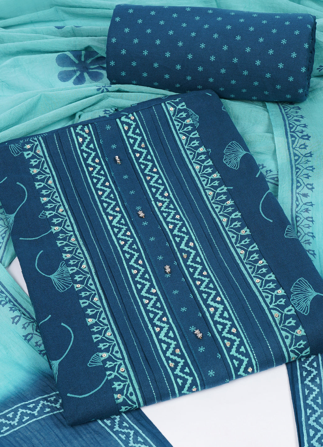 Elegant Blue Printed Cotton Unstitched Dress Material Set with Matching Dupatta & Bottom.