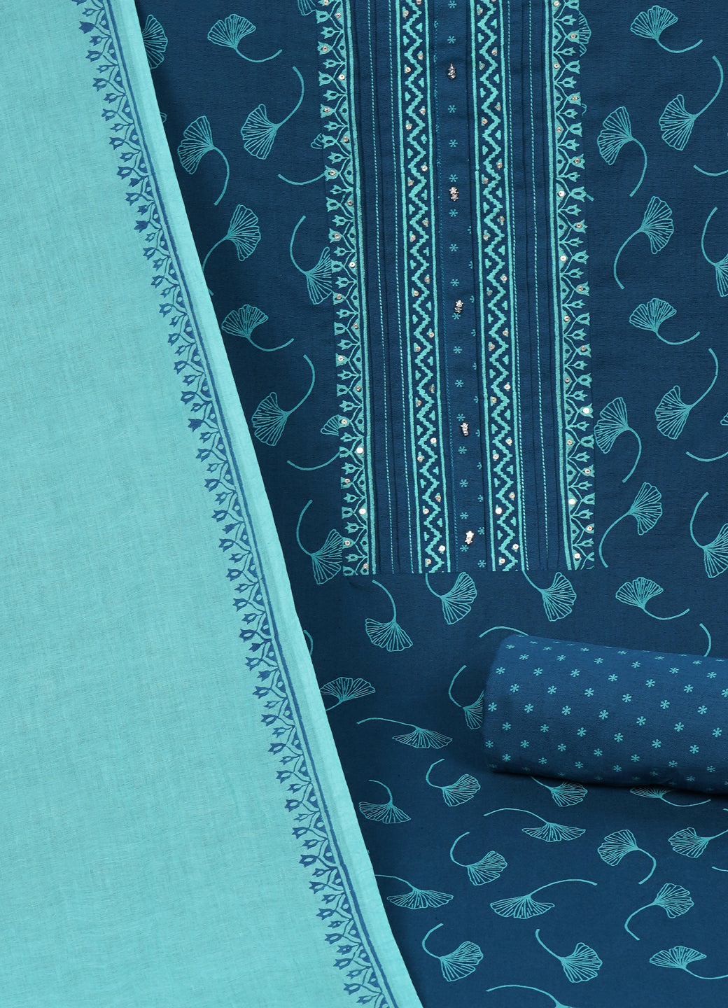 Elegant Blue Printed Cotton Unstitched Dress Material Set with Matching Dupatta & Bottom.