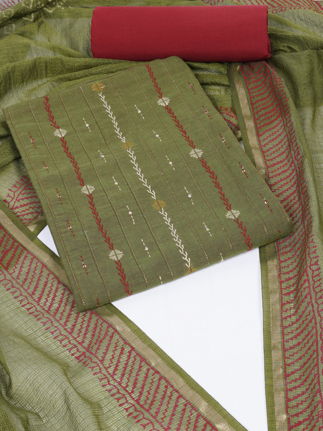 3-piece unstitched suit set crafted in handloom rich cross-colored fabric, features a tikki detailing.