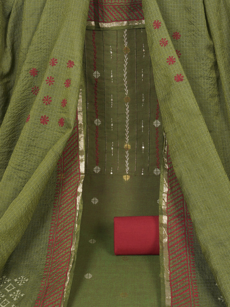 3-piece unstitched suit set crafted in handloom rich cross-colored fabric, features a tikki detailing.