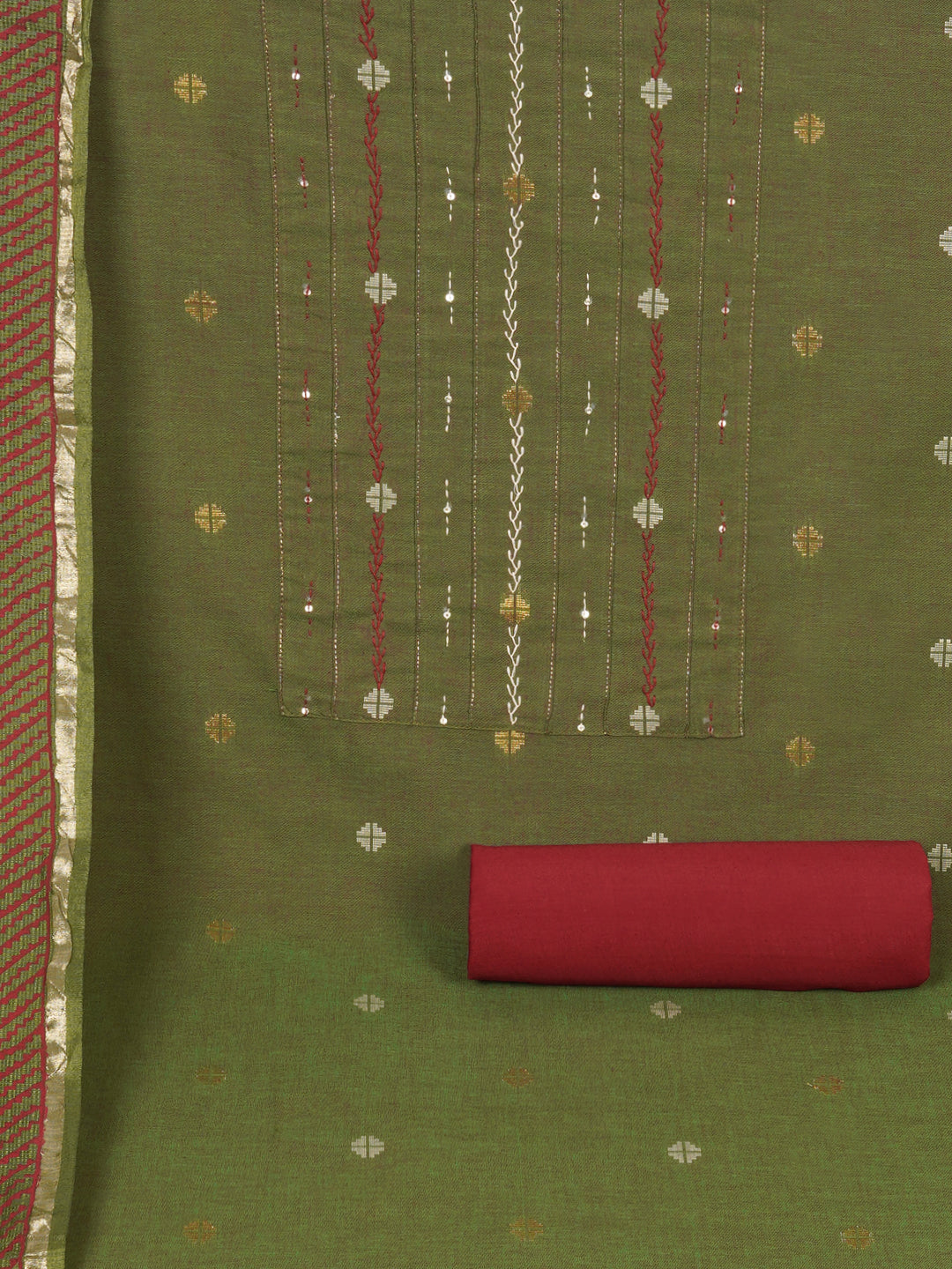 3-piece unstitched suit set crafted in handloom rich cross-colored fabric, features a tikki detailing.