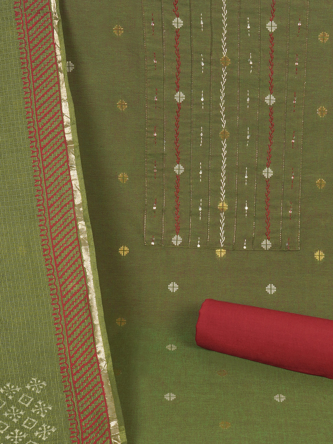 3-piece unstitched suit set crafted in handloom rich cross-colored fabric, features a tikki detailing.