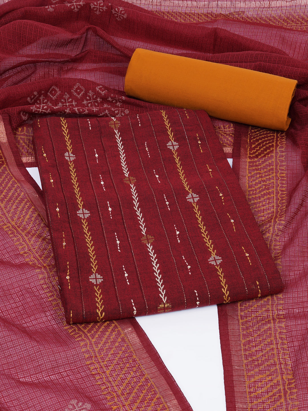 3-piece unstitched suit set crafted in handloom rich cross-colored fabric, features a tikki detailing.
