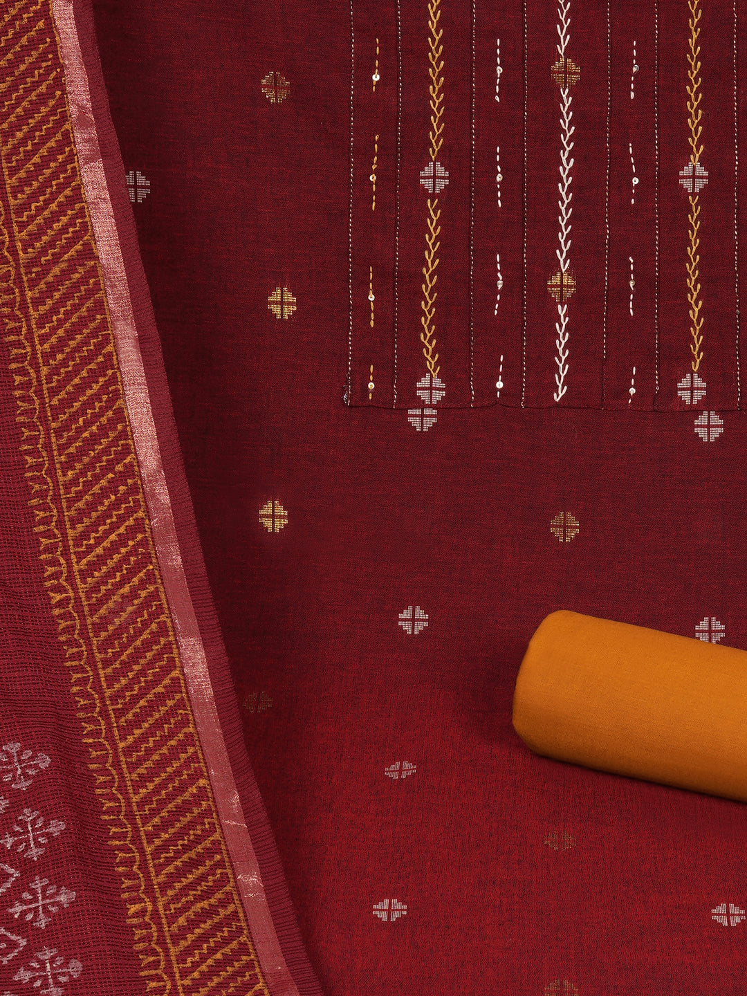 3-piece unstitched suit set crafted in handloom rich cross-colored fabric, features a tikki detailing.