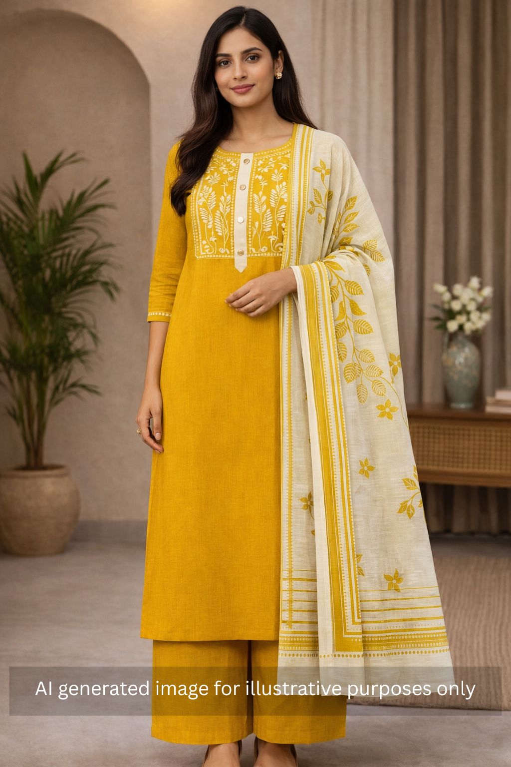 Unstitched suit set featuring a solid kurta with a block-printed yoke highlighted with delicate embroidery.(Yellow)
