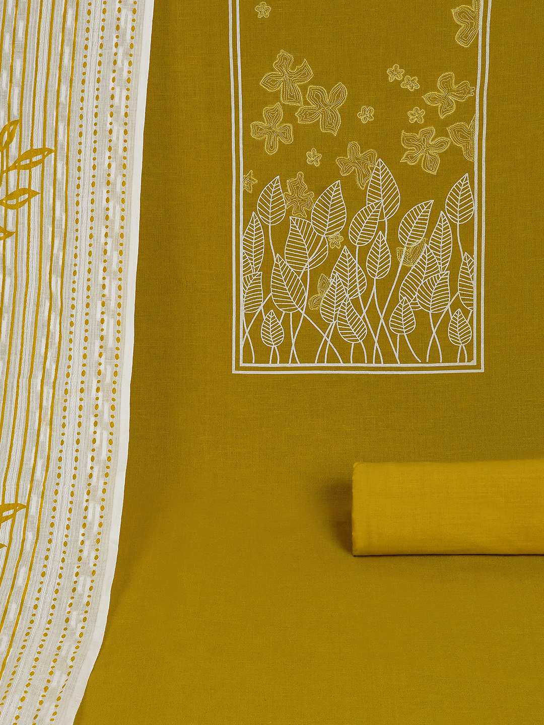 A 3-piece kurta set featuring a solid kurta with a block-printed yoke highlighted with delicate embroidery.(Yellow)