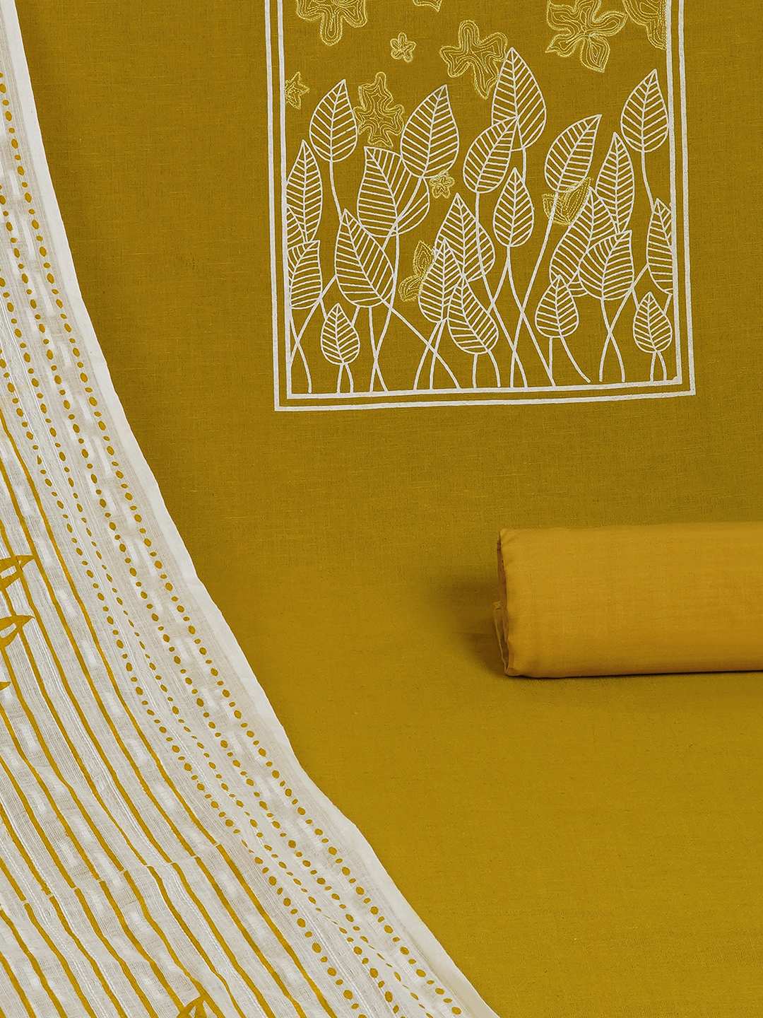 A 3-piece kurta set featuring a solid kurta with a block-printed yoke highlighted with delicate embroidery.(Yellow)