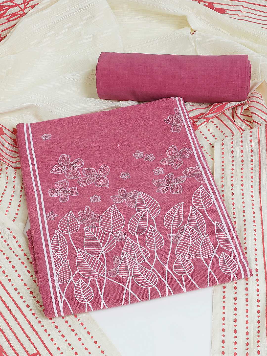 A 3-piece kurta set featuring a solid kurta with a block-printed yoke highlighted with delicate embroidery.(Pink)