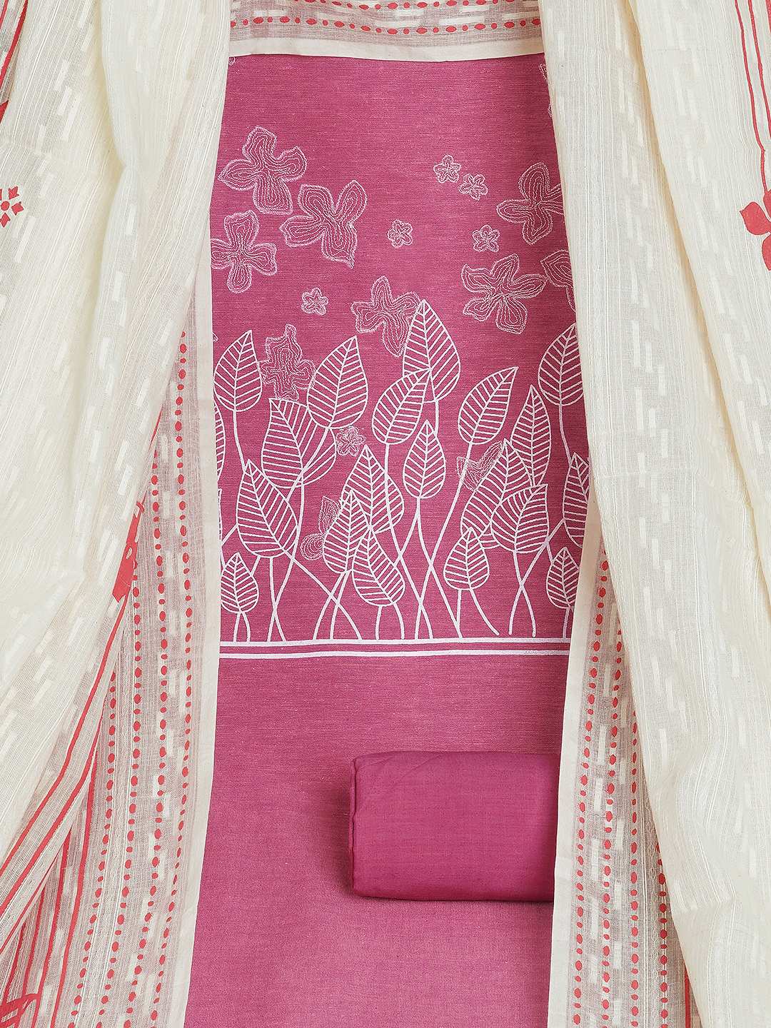 A 3-piece kurta set featuring a solid kurta with a block-printed yoke highlighted with delicate embroidery.(Pink)