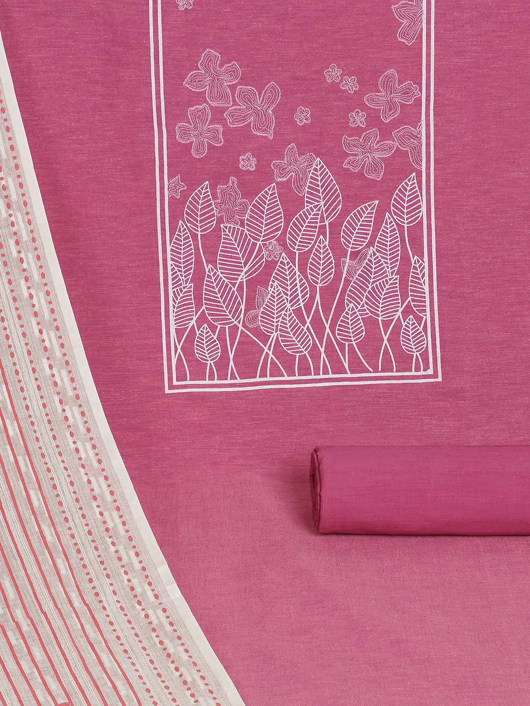 A 3-piece kurta set featuring a solid kurta with a block-printed yoke highlighted with delicate embroidery.(Pink)