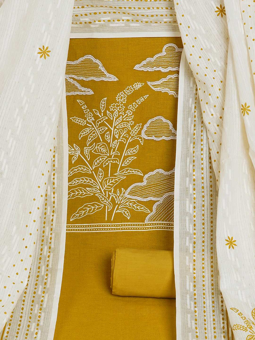 A 3-piece kurta set features a solid kurta adorned with a block-printed yoke and intricate embroidery details.(Yellow)