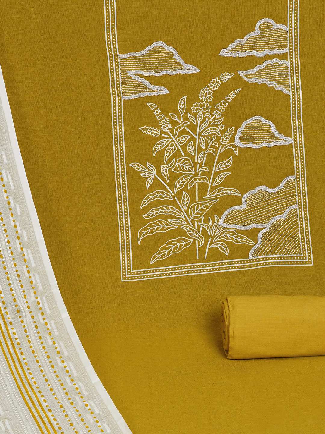 A 3-piece kurta set features a solid kurta adorned with a block-printed yoke and intricate embroidery details.(Yellow)