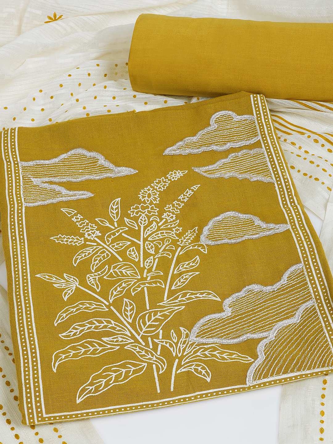 A 3-piece kurta set features a solid kurta adorned with a block-printed yoke and intricate embroidery details.(Yellow)