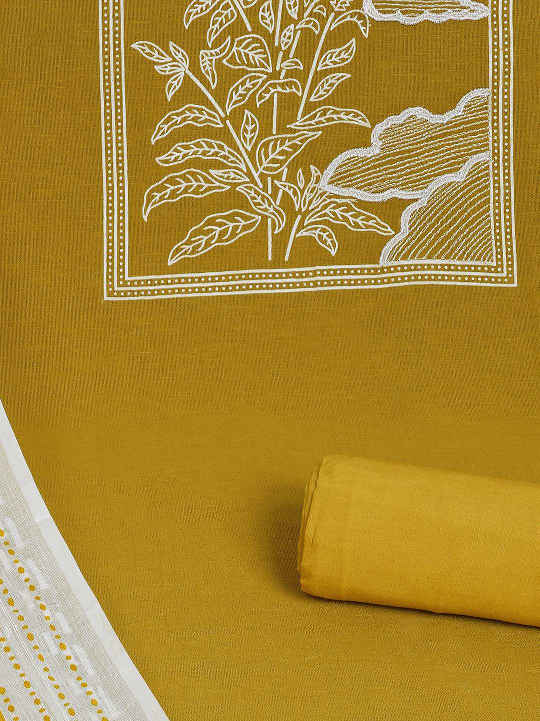 A 3-piece kurta set features a solid kurta adorned with a block-printed yoke and intricate embroidery details.(Yellow)