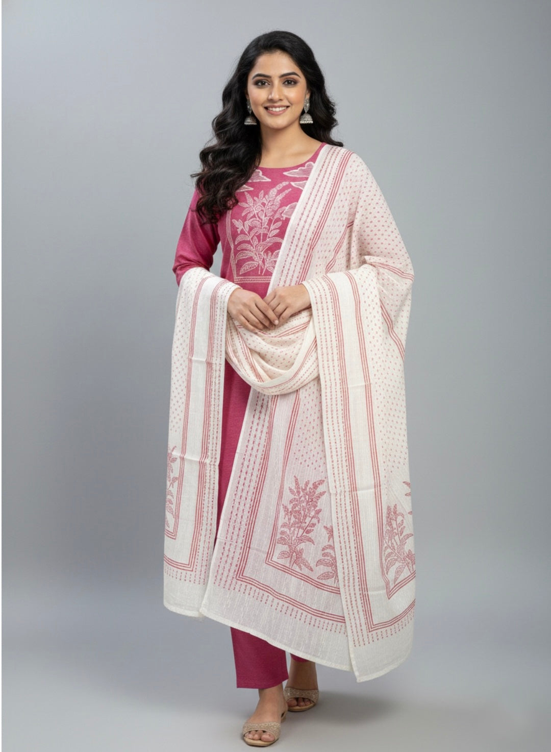 Unstitched suit set features a solid kurta adorned with a block-printed yoke and intricate embroidery details.(Pink)