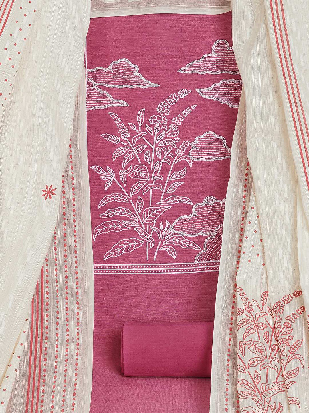 A 3-piece kurta set features a solid kurta adorned with a block-printed yoke and intricate embroidery details.(Pink)