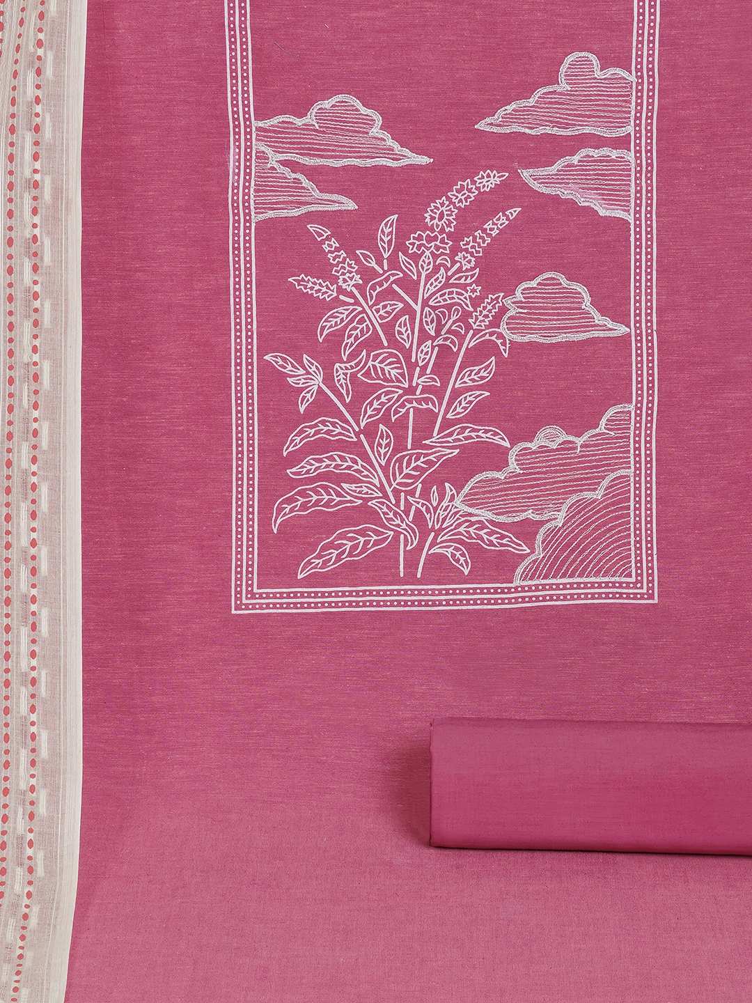 Unstitched suit set features a solid kurta adorned with a block-printed yoke and intricate embroidery details.(Pink)