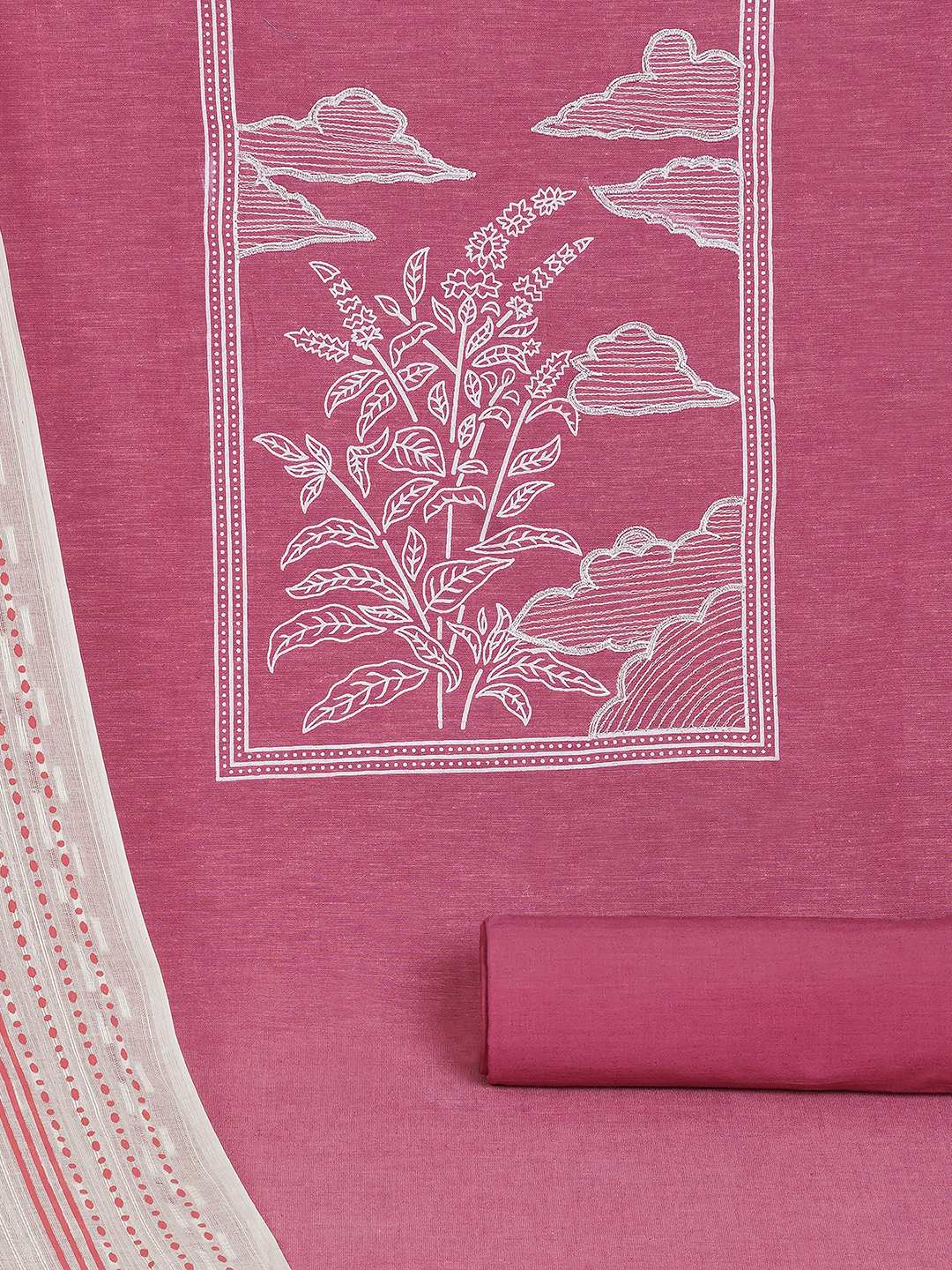 Unstitched suit set features a solid kurta adorned with a block-printed yoke and intricate embroidery details.(Pink)