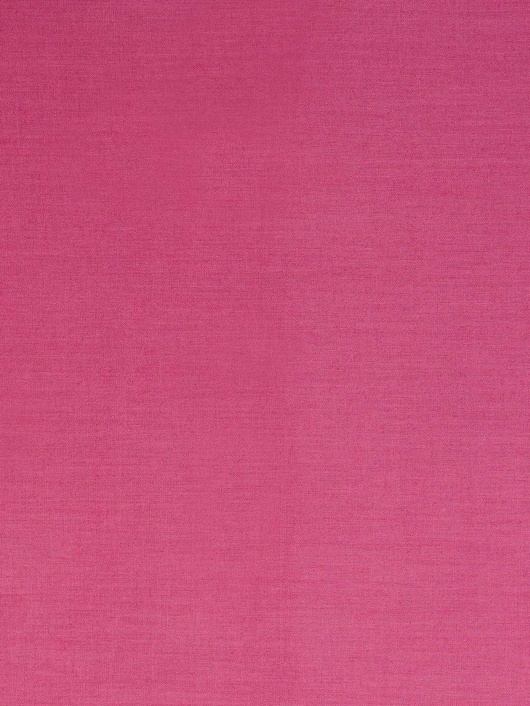 Unstitched suit set features a solid kurta adorned with a block-printed yoke and intricate embroidery details.(Pink)