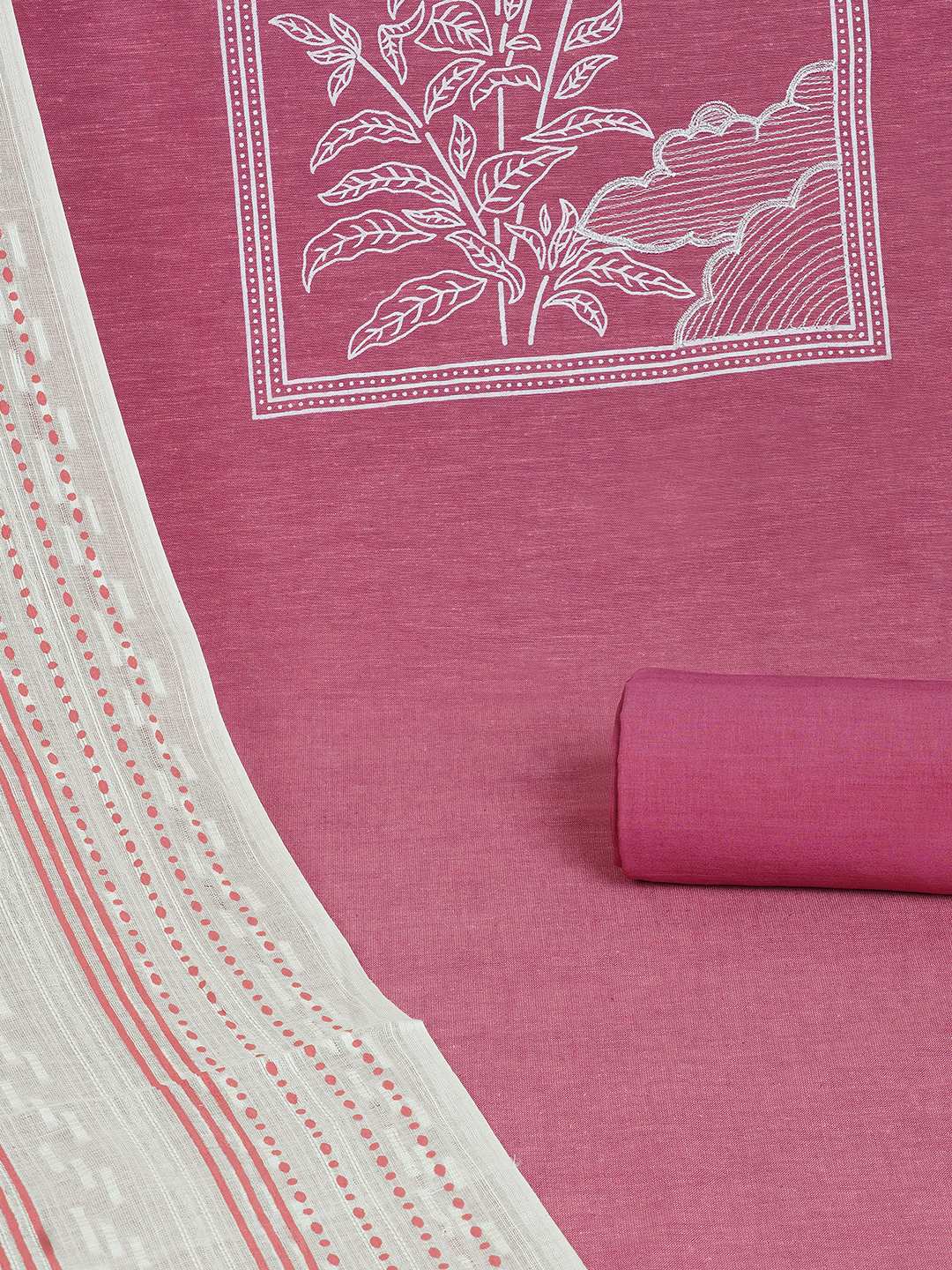 Unstitched suit set features a solid kurta adorned with a block-printed yoke and intricate embroidery details.(Pink)