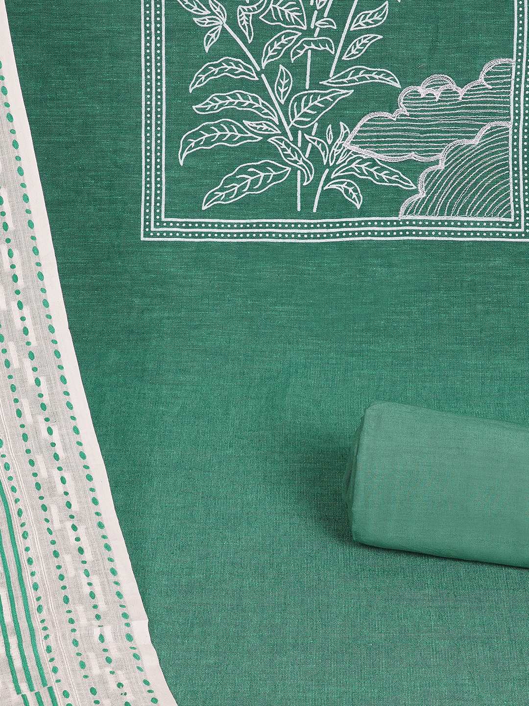 Unstitched suit set features a solid kurta adorned with a block-printed yoke and intricate embroidery details.(Blue)