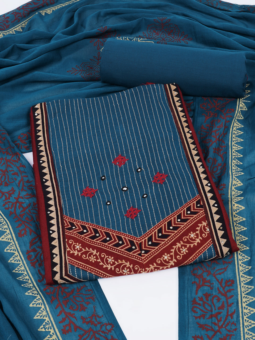 Cotton flex unstitched suit set, crafted with delicate handwork and refined stitch-line detailing.