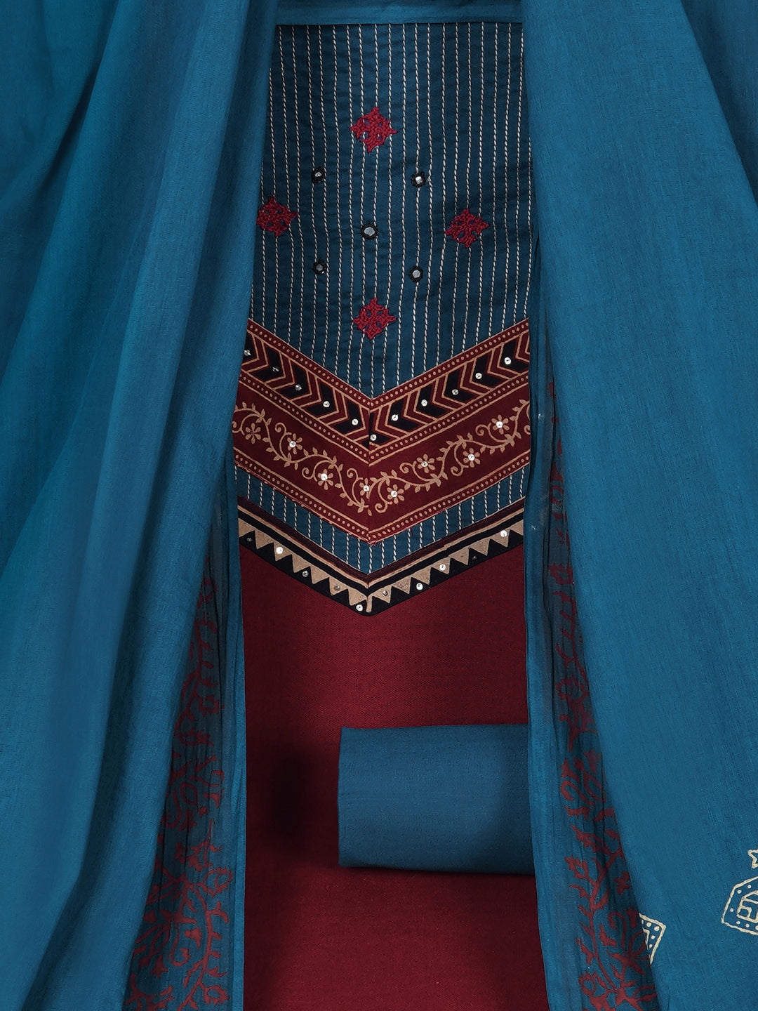 Cotton flex unstitched suit set, crafted with delicate handwork and refined stitch-line detailing.