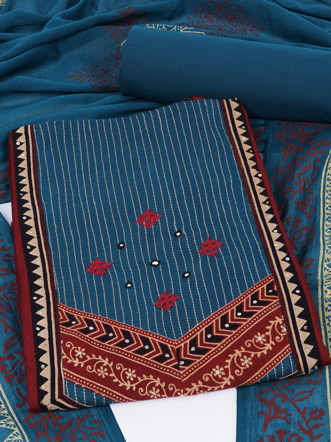 Cotton flex unstitched suit set, crafted with delicate handwork and refined stitch-line detailing.