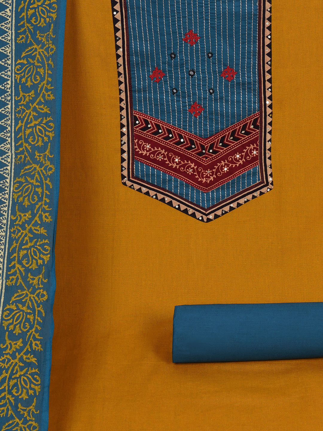 Cotton flex unstitched suit set, crafted with delicate handwork and refined stitch-line detailing.