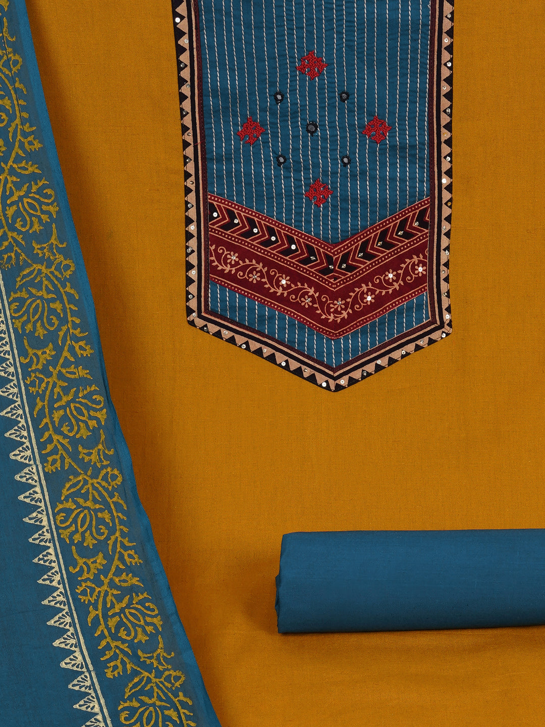 Cotton flex unstitched suit set, crafted with delicate handwork and refined stitch-line detailing.