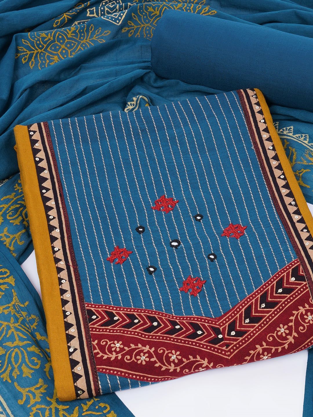 Cotton flex unstitched suit set, crafted with delicate handwork and refined stitch-line detailing.