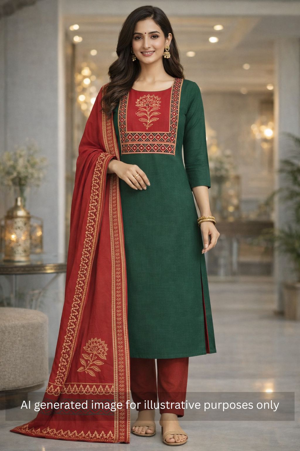 Elegant unstitched cotton flex suit set, designed with a striking contrast mix-and-match yoke.