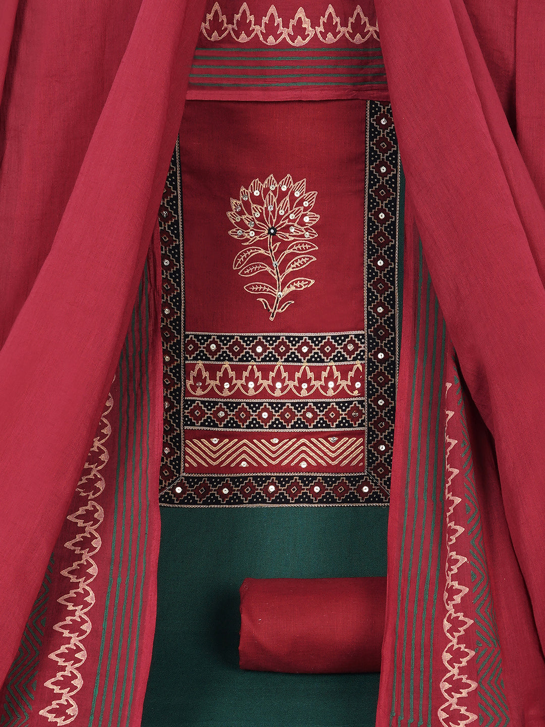 Elegant unstitched cotton flex suit set, designed with a striking contrast mix-and-match yoke.