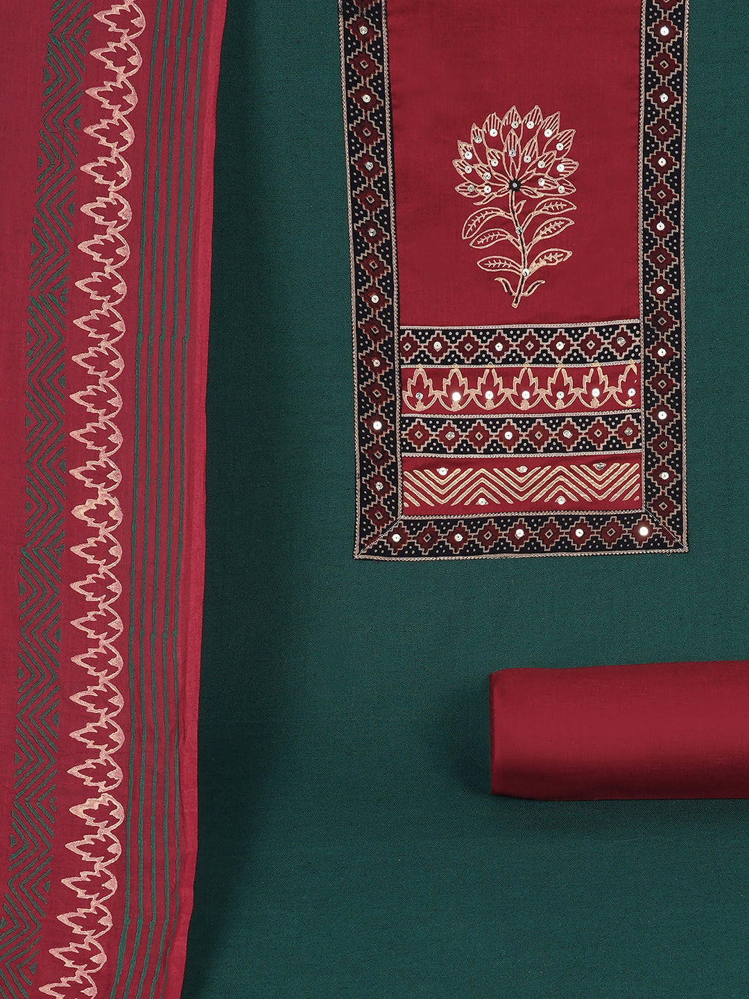 Elegant unstitched cotton flex suit set, designed with a striking contrast mix-and-match yoke.