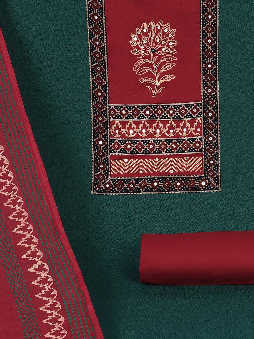 Elegant unstitched cotton flex suit set, designed with a striking contrast mix-and-match yoke.