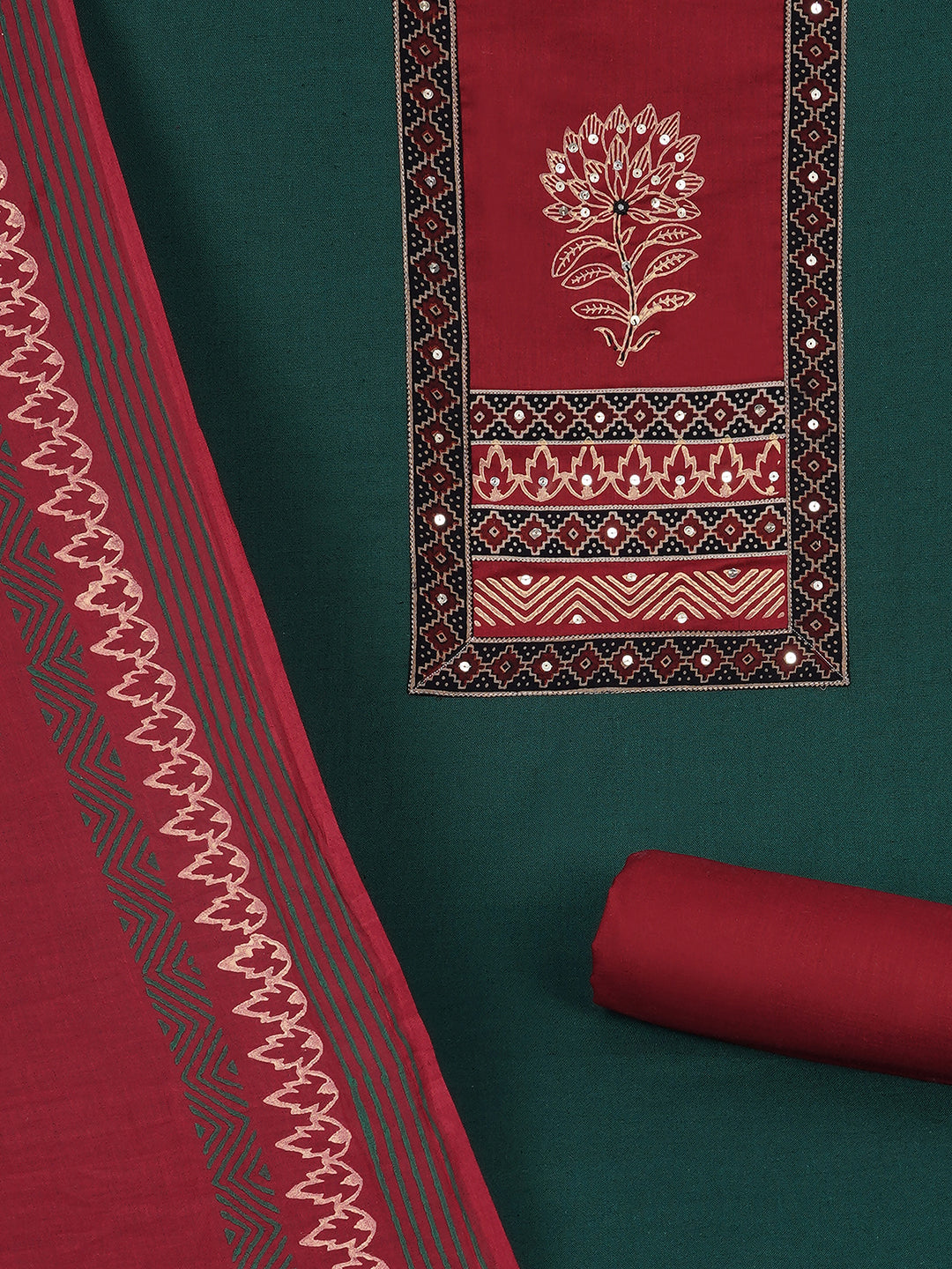 Elegant unstitched cotton flex suit set, designed with a striking contrast mix-and-match yoke.