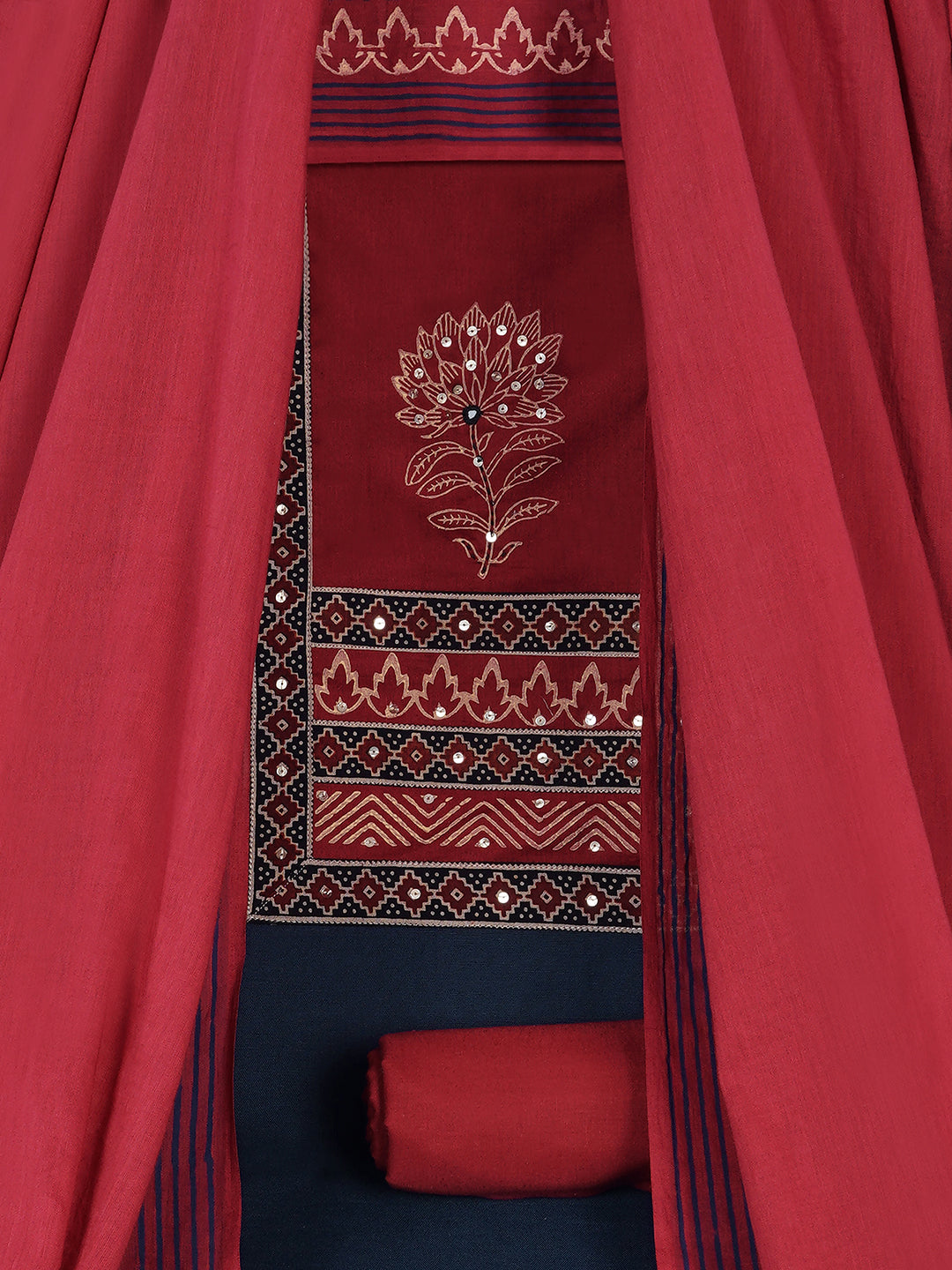 Elegant unstitched cotton flex suit set, designed with a striking contrast mix-and-match yoke.