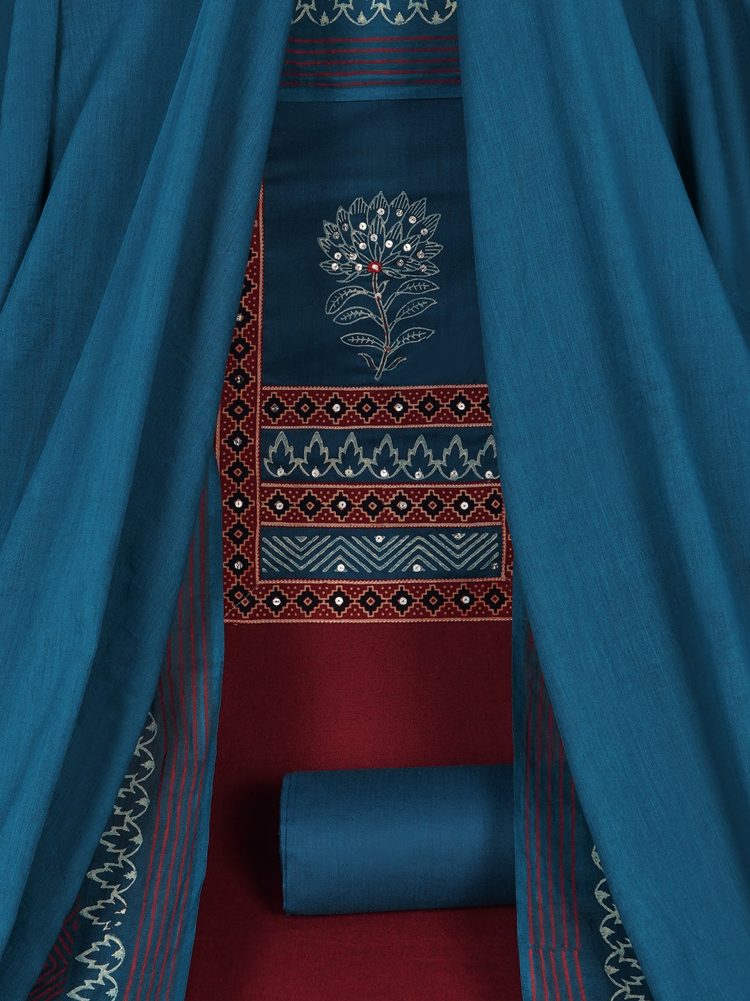 Elegant unstitched cotton flex suit set, designed with a striking contrast mix-and-match yoke.