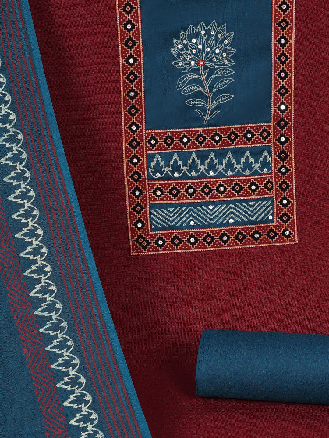 Elegant unstitched cotton flex suit set, designed with a striking contrast mix-and-match yoke.