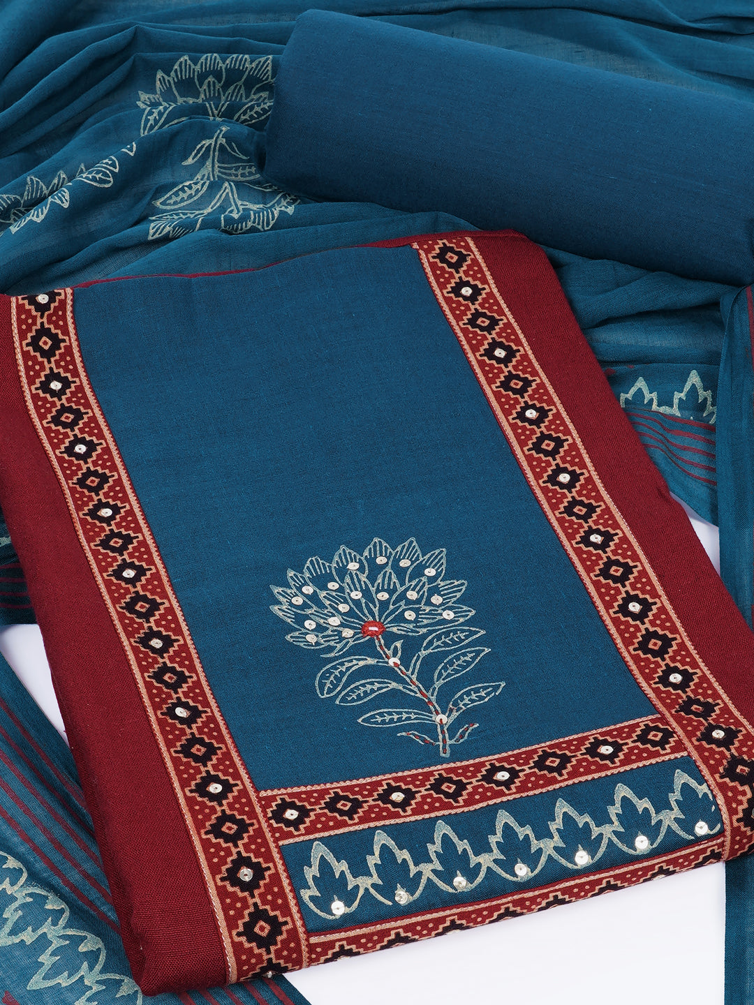 Elegant unstitched cotton flex suit set, designed with a striking contrast mix-and-match yoke.
