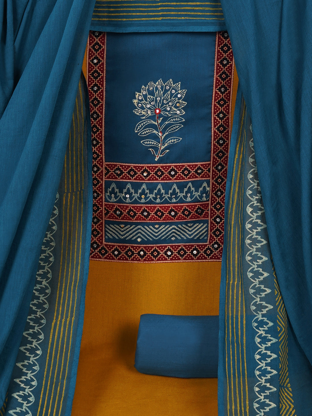 Elegant unstitched cotton flex suit set, designed with a striking contrast mix-and-match yoke.