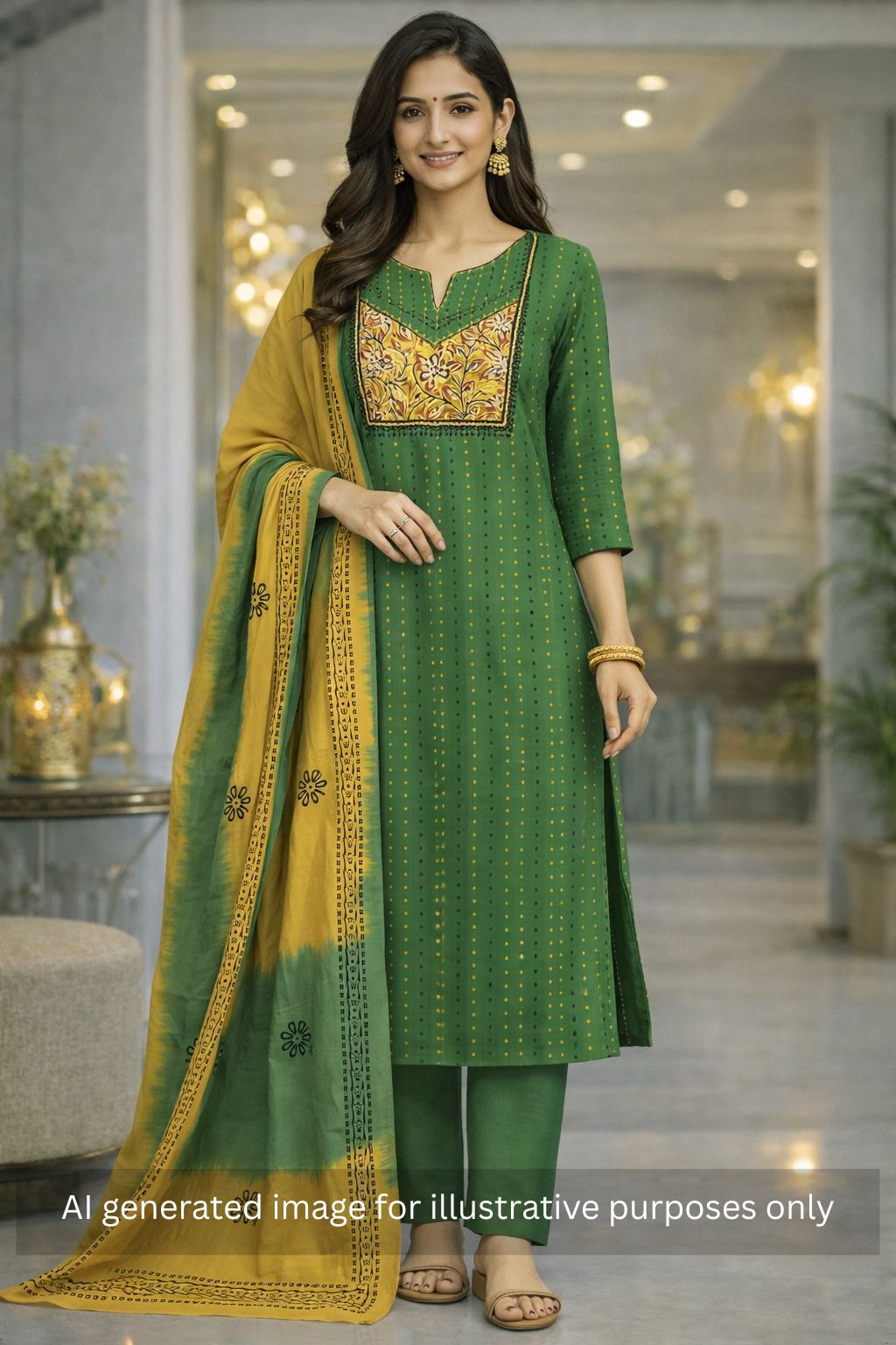 Unstitched suit set crafted in dobby fabric features a handcrafted Kalamkari printed patch.