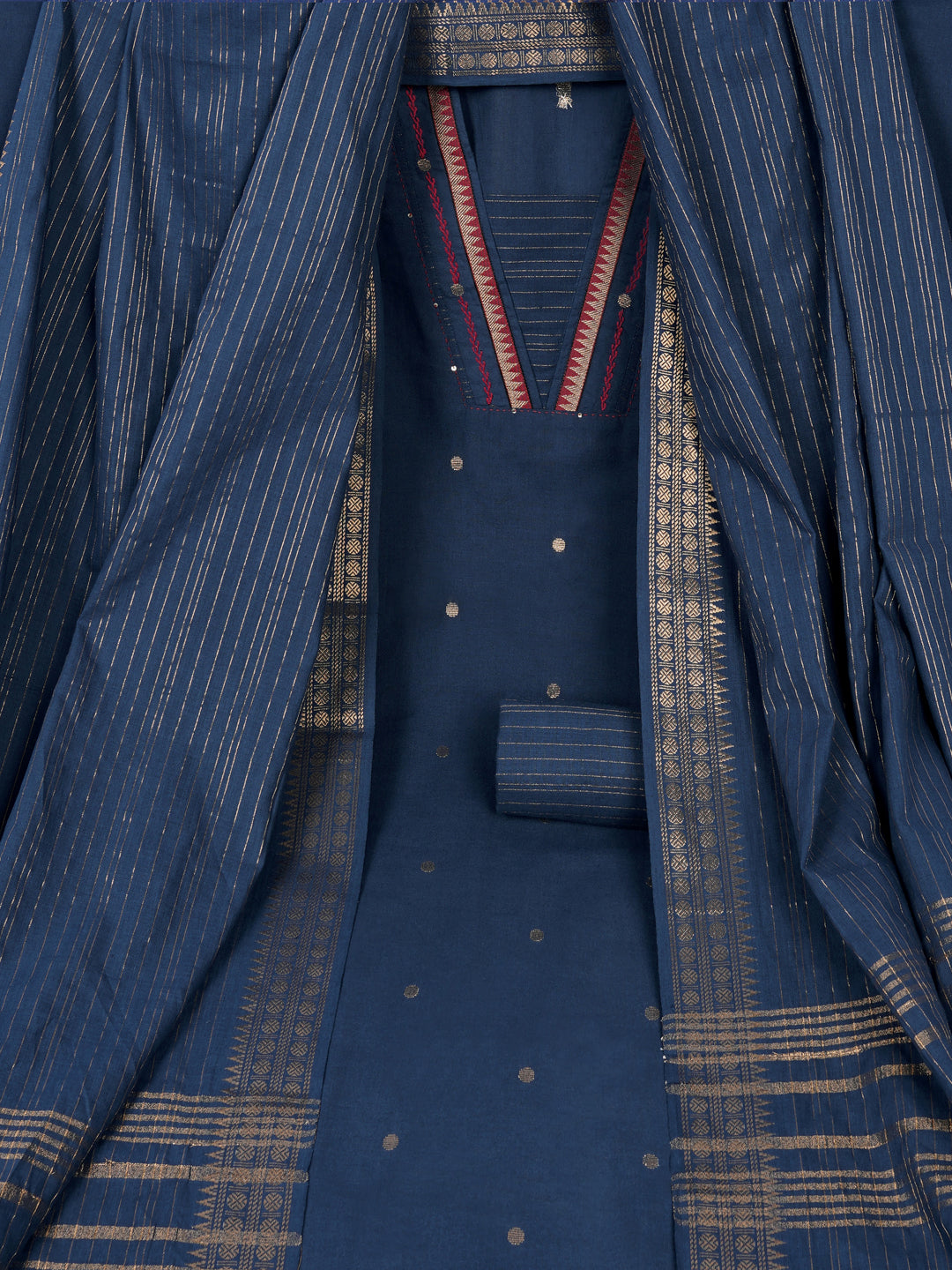 Unstitched suit set with zari dot embellished top paired with a zari striped bottom and dupatta.